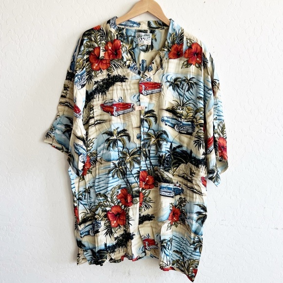 VINTAGE BIG DOGS CAR DOG FLORAL PALM TREE HUT HAWAIIAN SHIRT - Picture 1 of 5